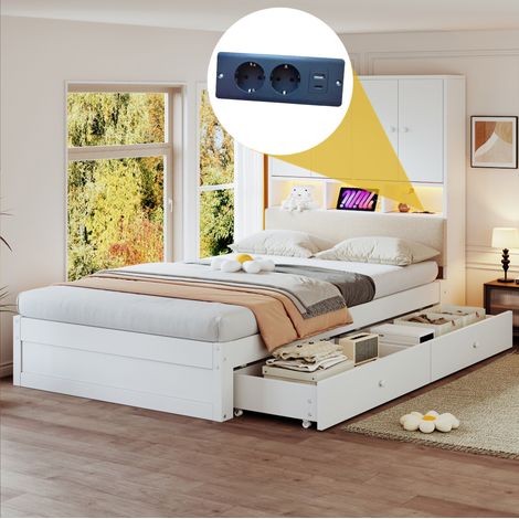 Letto singolo per bambini 90x200 cm bianco in legno con cassetto, testiera imbottita contenitore, ripiani, LED e prese elettriche (1/5)