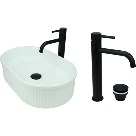 GTM Design Aufsatzwaschbecken 49 cm Glanz Set mit Waschtischbatterie und Stopfen - Aufsatzwaschbecken Oval für Badezimmer - Modernes Waschbecken ohne Hahnloch - Waschbecken mit Armature (1/5)