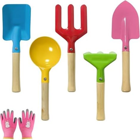 (5-teiliges Set) Gartengeräte, Gartengeräte mit rosa Handschuhen Gartengeräte für Topfpflanzen, Balkon, Blumenbeetpflege, Umtopfen (1/5)