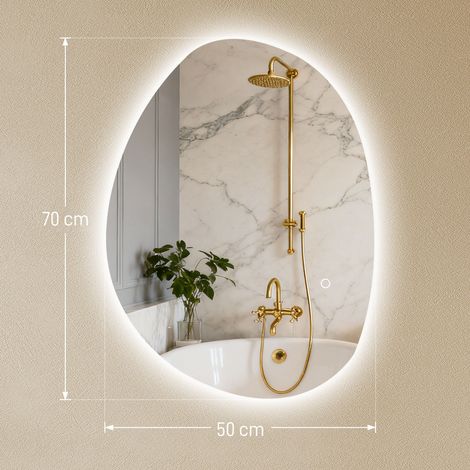 Miroir de salle de bain asymétrique 70 x 50 cm avec éclairage LED, interrupteur tactile intelligent, fonction antibuée, argent (1/5)