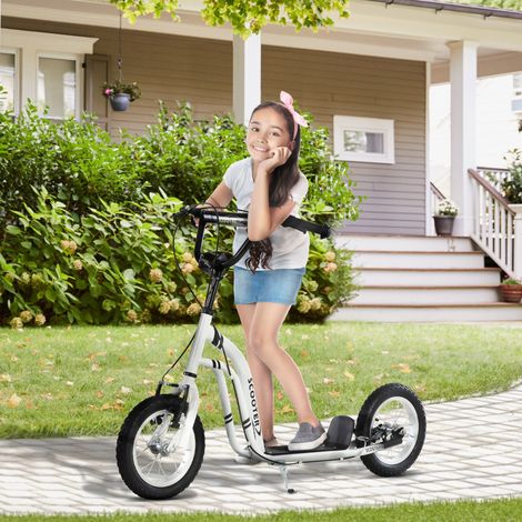 HOMCOM Trottinette enfants. grandes roues pneumatiques 12 pouce en caoutchouc. charge 100 kg. trottinette tout terrain avec double freins. hauteur réglable et béquille latérale. 5 à 12 ans. blanc