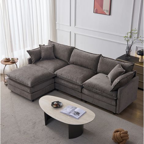 Sofá esquinero modular de 3 plazas con hocker, cojines desenfundables, chenilla gris (1/5)