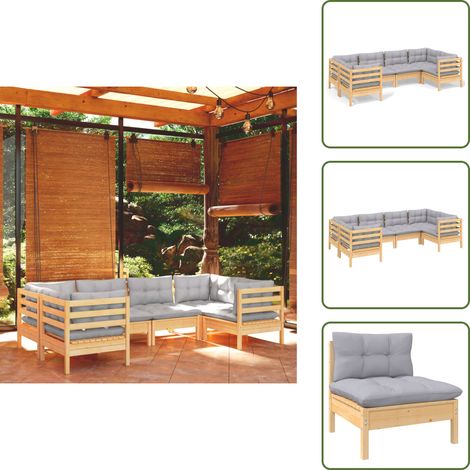 6-tlg. Garten-Lounge-Set mit Grauen Kissen Kiefernholz - Garten Lounge Set - Kiefernholz Möbel - Outdoor Möbel - Loungemöbel - Gartenmöbel (1/5)