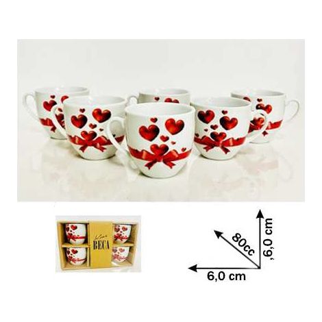 Set 6 Tazzine Tazze da Caffè in Ceramica senza Piattini Cuori Rossi (1/2)