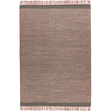 Tapis frangé nomade gris et rose en laine tissée main - Gris chiné avec rose poudré (1/4)