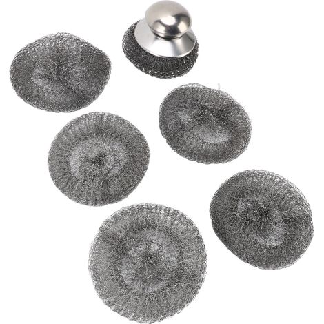 Brosse à récurer en acier inoxydable avec manche et 5 tampons de rechange pour la maison, la voiture et le bureau. (1/5)