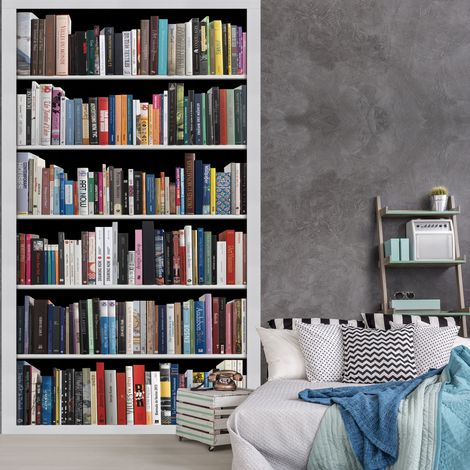Papier peint intissé panoramique, photo d'une bibliothèque moderne remplie de livres, mélange de littérature, 250 cm X 150 cm (1/2)