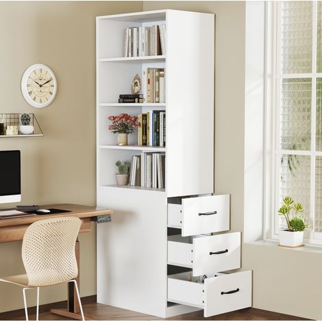 Mueble de almacenaje estrecho 60 x 38 x 180 cm, 4 estantes regulables, 3 cajones, blanco OKMYHOME (1/5)