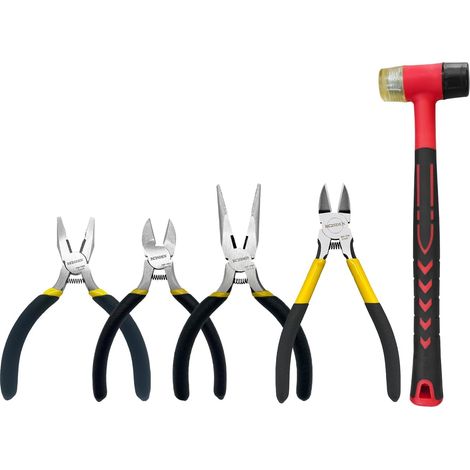 Set of 5 small pliers, 1 x 25 mm rubber hammer, 1 x 5 inch wire cutter, 1 x 5 inch line pliers, 1 x work pliers for jewellery making or DIY tools (1/5)
