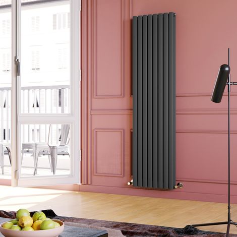 ELEGANT Vertical Radiator 1800 x 472mm Double Panel Designer Anthracite Oval Column Heating Rad with Angled Radiator Valves (1/5)