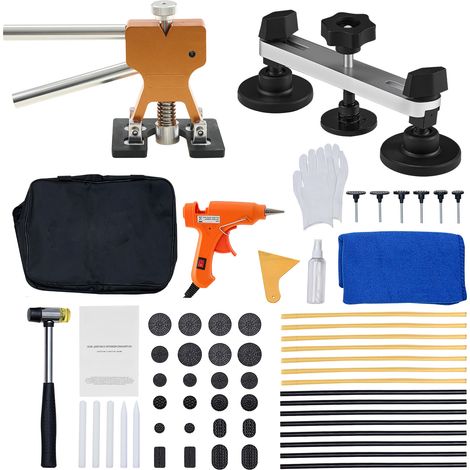Mophorn Kit de Reparación de Abolladuras sin Pintura, incluye Elevador Dorado, Extractor de Puente, Pistola de Pegamento y Herramientas para Reparar Daños por Granizo en Vehículos, 60 piezas