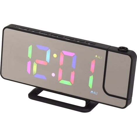 Réveil électronique de table multifonctionnel à grand écran miroir avec projection et affichage LED RGB, noir. (1/5)