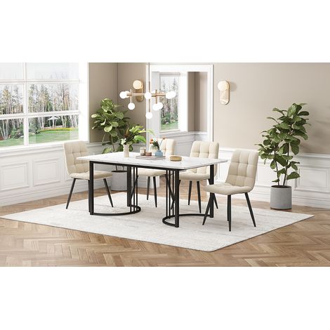 Set de table moderne 5 pièces : table cuisine 140×80 cm pieds métal noir, plateau MDF blanc, et 4 chaises salle à manger velours beige.