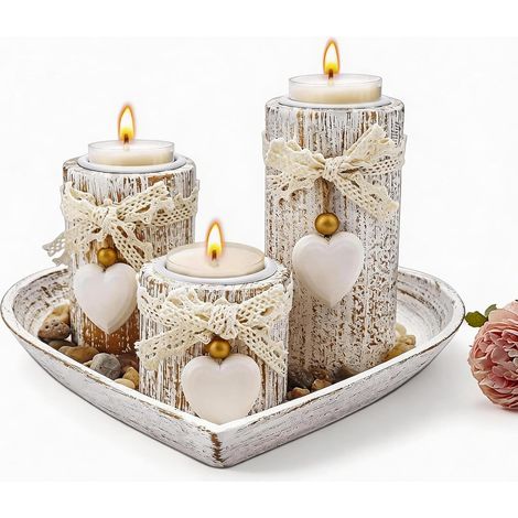 Lot de 3 plateaux en bois et photophores - En forme de cœur - Plateau de décoration en bois pour Noël, mariage et décoration de table à manger (1/5)