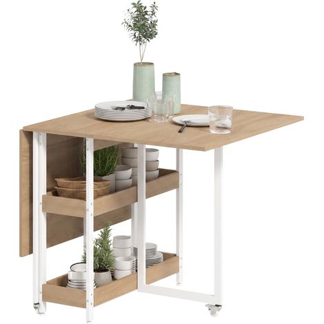 Tavolo da pranzo pieghevole dal design industriale, per un massimo di 4 persone, con ripiani a giorno, flessibile, in metallo, truciolato e con effetto legno naturale. (1/5)
