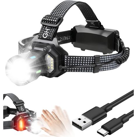 Lampe Frontale Puissante Rechargeable 20000 Lumens,12 Modes d’Éclairage, Capteur & Lumière d’Avertissement, 90° Réglable Zoomable Tête Extensible (1/5)