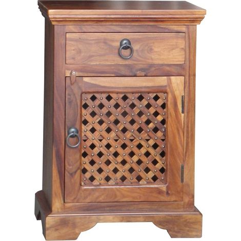 Ganga Latic Jali Bedside with Right Side Door - Sheesham Wood - L31 x W45 x H65 cm - Honey Dark Finish