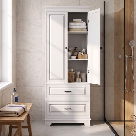 Meuble de rangement de salle de bain 70x47x185 cm, 2 portes et 2 tiroirs, Étagère réglable, Bois, moderne, Blanc (1/5)