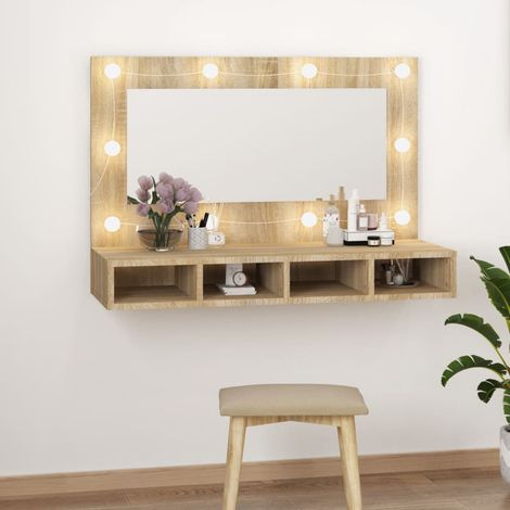 Armoire à miroir avec LED, Armoire de Salle de Bain, Armoire de Rangement Murale Chêne sonoma 90x31,5x62 cm HYB84224 (1/5)