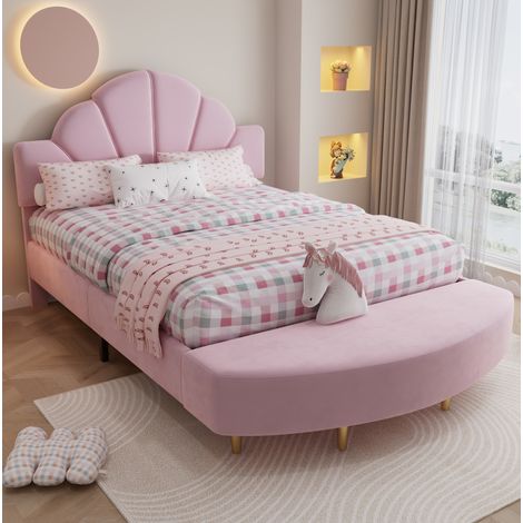 Letto imbottito moderno in velluto rosa 140x200 cm con testiera e panca coordinata (1/5)