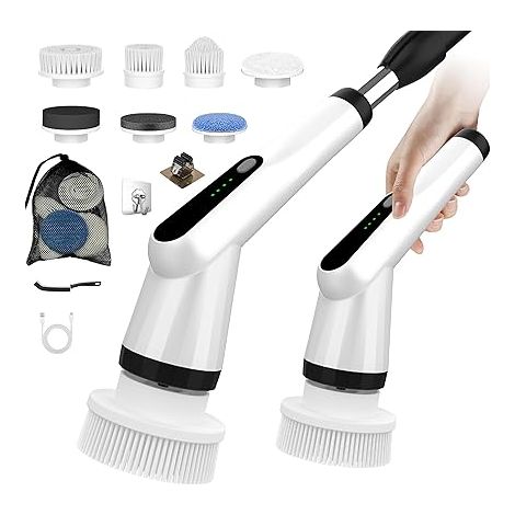 Brosse Nettoyage Electrique, 7 en 1 Brosse Rotative Nettoyage IPX7 Étanche, 2 Vitesses et Manche Réglable pour Salle de Bain, Cuisine, Voiture (Blanc) (1/5)
