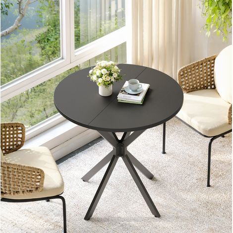 Tavolo rotondo 80x80x75 cm, per 2 persone, struttura a X in ferro, piano in pannello truciolare nero (1/5)