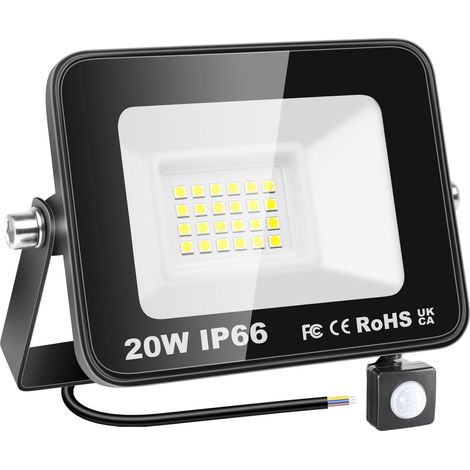 Lampe d'extérieur avec détecteur de mouvement 20W, projecteur LED 2000lm, lumière blanche 6000K, éclairage de sécurité étanche IP66 pour jardin, garage, cour, terrain de sport, patio, porche