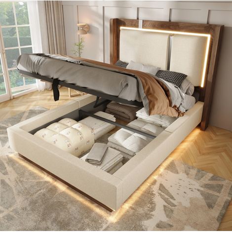 Cama infantil con almacenamiento de 90x200 cm, tapizada con iluminación LED, mecanismo elevador hidráulico, estilo retro, lino beige y madera (1/5)
