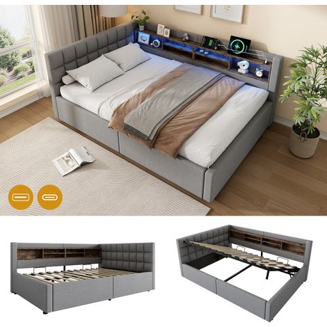VVBV Lit banquette rembourré, 140 x 200 cm, en mdf, éclairage LED, ports USB et USB-C, prises intégrées, rangements intégrés
