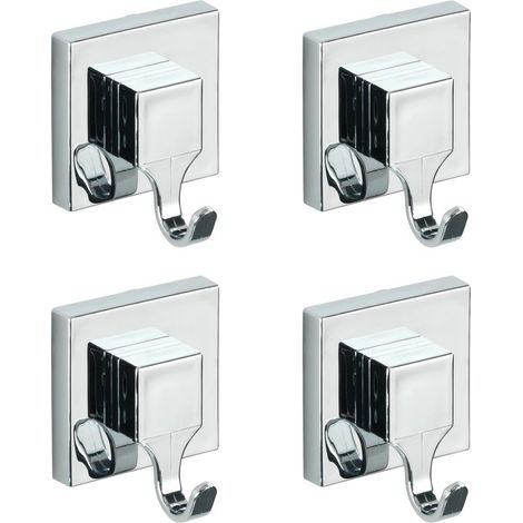Lot de 4 Crochets porte serviettes muraux, Fixation Vaccum-Loc® sans perçage, repositionnable inclus, Charge jusqu'à 33kg, 6 x 7 x 5 cm, Argent