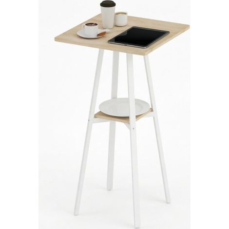 Tavolo alto quadrato con ripiano 55 x 55 x 95 cm bianco e legno naturale (1/4)