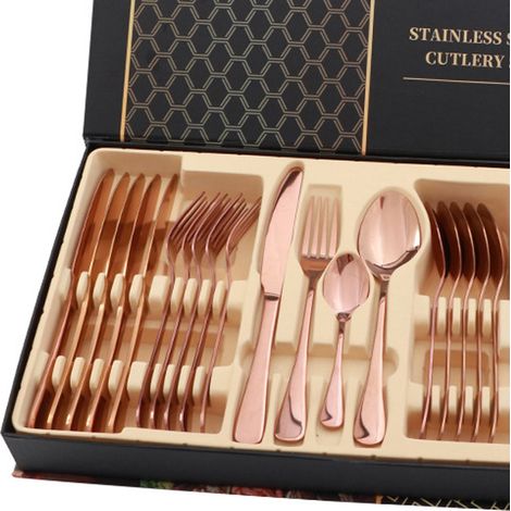 Ensemble de couverts en acier inoxydable brillant 24 pièces, couteau à steak, fourchette et cuillère, pour restaurant, or rose (1/4)