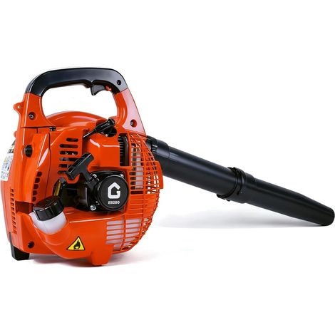 Souffleur de feuilles à essence portatif 2 temps 28 cm³ 1,1 CV, débit d'air de 490 CFM, vitesse de 180 mi/h, léger, pour l'entretien des pelouses et le nettoyage extérieur, couleur orange. (1/5)
