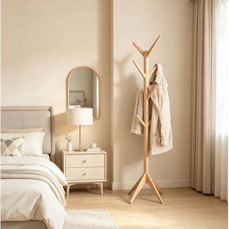 Perchero de pie de madera natural con 8 ganchos y 180 cm de altura (1/4)