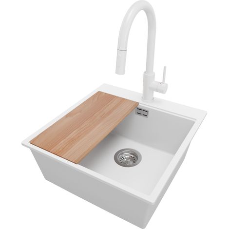 PRIMAGRAN Evier Cuisine en Granit 48x50cm,Lavabo 1 bac + Robinet 40x20cm + Kit de Vidage + Planche à Découper, Évier à Encastrer au meuble 50cm - Oslo, Blanc (1/5)