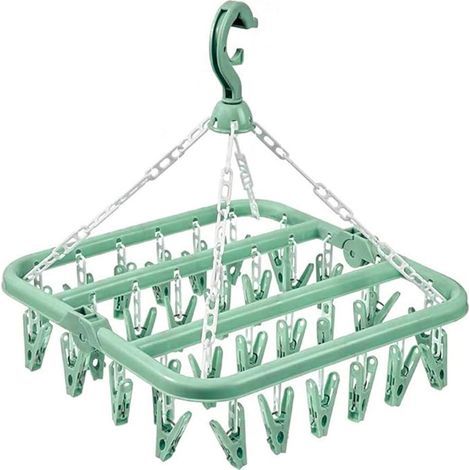 Séchoir à chaussettes vert, 3235cm, 1 pièce avec 32 pinces, séchoir à linge intérieur/extérieur, séchoir pliable/rotatif. (1/5)