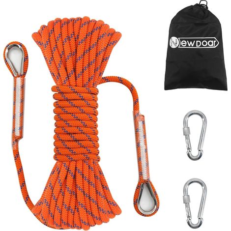 14KN Corde d'escalade Statique 8mm Cordon Accessoire pour Équipement 10m,20m,30m,50m Corde d'évacuation avec 2 Mousquetons pour d'escalade sur Glace Corde de Sauvetage Incendie-Orange/10 m (1/5)