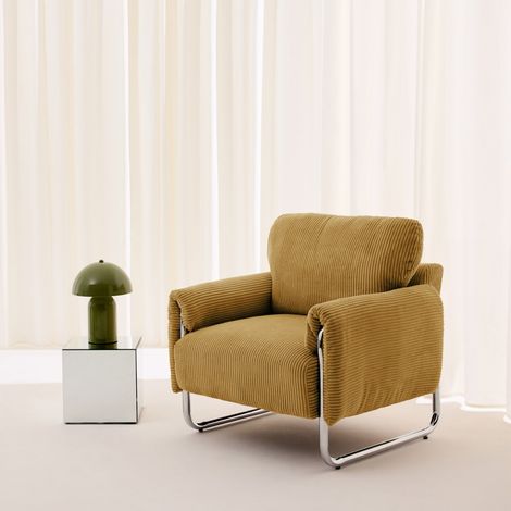 sweeek - Fauteuil vintage velours côtelé armature chromée moutarde - Vintage (1/5)