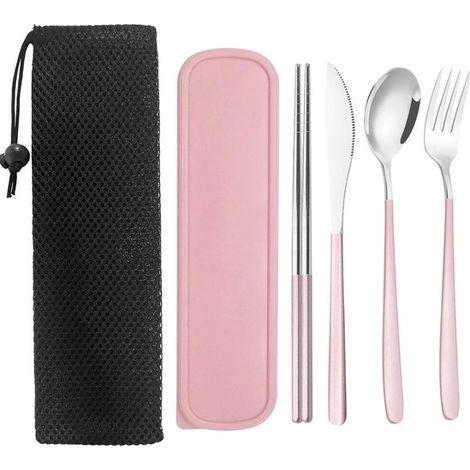 Juego de cubiertos de acero inoxidable con estuche, utensilios portátiles para el almuerzo, juego reutilizable de tenedor, cuchara, viajes (1/5)