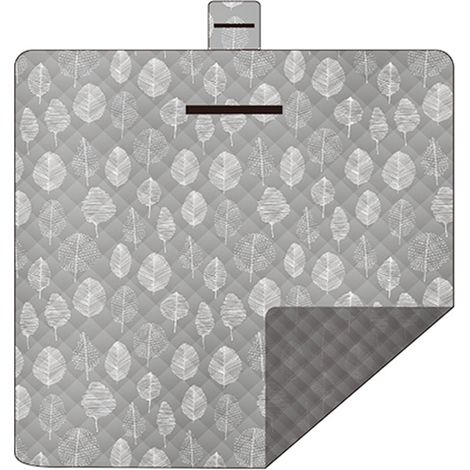 Couverture de pique-nique extra large 200x200cm à motif feuilles, hydrofuge et doublée, pour 4-6 personnes, gris-blanc