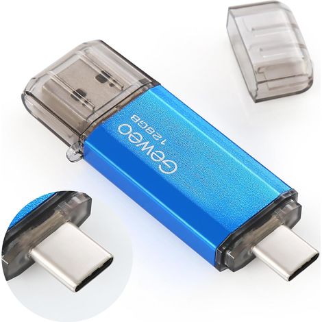 CLé USB 128Go, 2 en 1 OTG Flash Drive USB 2.0 Type C Pen Drive 128 Go Memory Stick pour Smartphone, PC, Ordinateur Portable Stockage de Données (Bleu) (1/5)