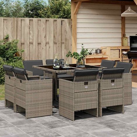 9-tlg. Garten-Essgruppe mit Kissen Grau Poly Rattan vidaXL (1/5)