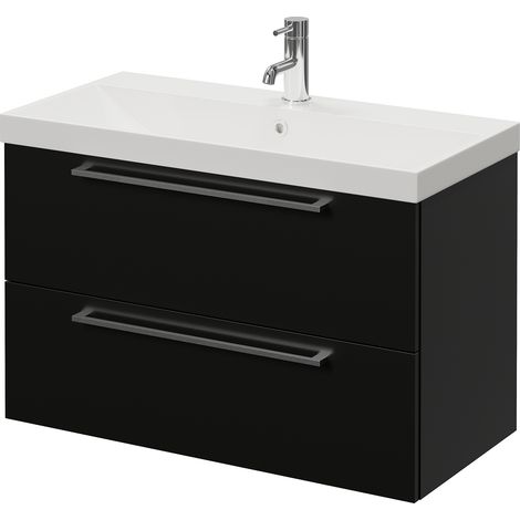 Napoli 390 Matt Black 800mm Wall Mounted 2 Drawer Vanity Unit with Rimini Basin - 800mm - Chrome 480mm Handle