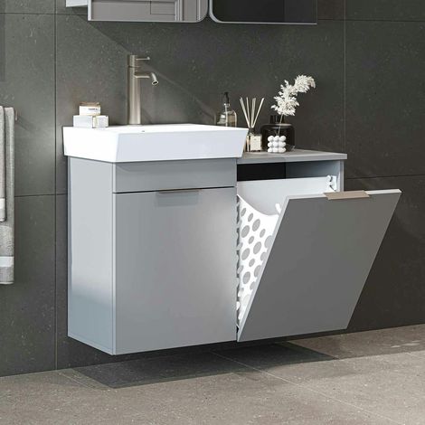 Meuble vasque suspendu gris avec panier à linge NESSA (1/5)