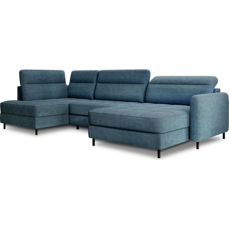 Canapé panoramique convertible BENTO en tissu avec coffre de rangement angle droit-Bleu canard-angle droit (1/5)