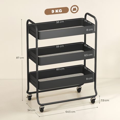 Chariot de cuisine, 3 paniers, 4 roues, métal, noir (1/5)