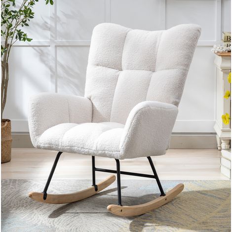 Sedia a dondolo in tessuto teddy, schienale curvo, braccioli, base legno e metallo, per salone - bianco (1/5)