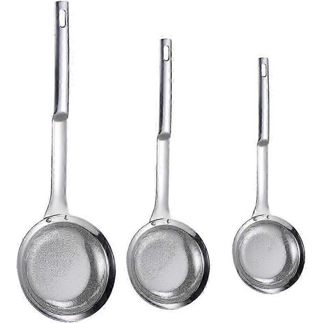 Ensemble de 3 passoires à mailles fines en acier inoxydable avec poignée, idéales pour égoutter les aliments en cuisine. (1/4)