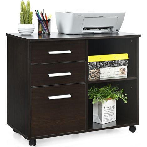 3-Drawer File Cabinet Mobile Printer Stand Lateral Filing Cabinet W/Hanging Bars