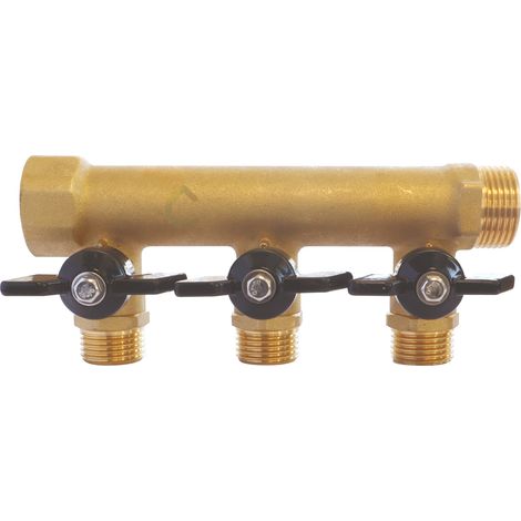 Somatherm For You – Collecteur sanitaire laiton 20/27 – 3 sorties mâles 15/21 – Mini-vannes 1/4 de tour intégrées – Entraxe 50 mm